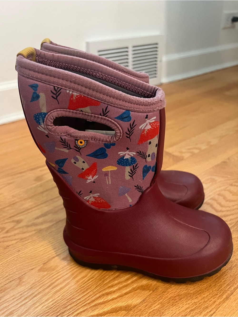 Bogs Kids Waterproof Burgundy & Mauve Mushroom Rain Boots - Picture 1 of 5